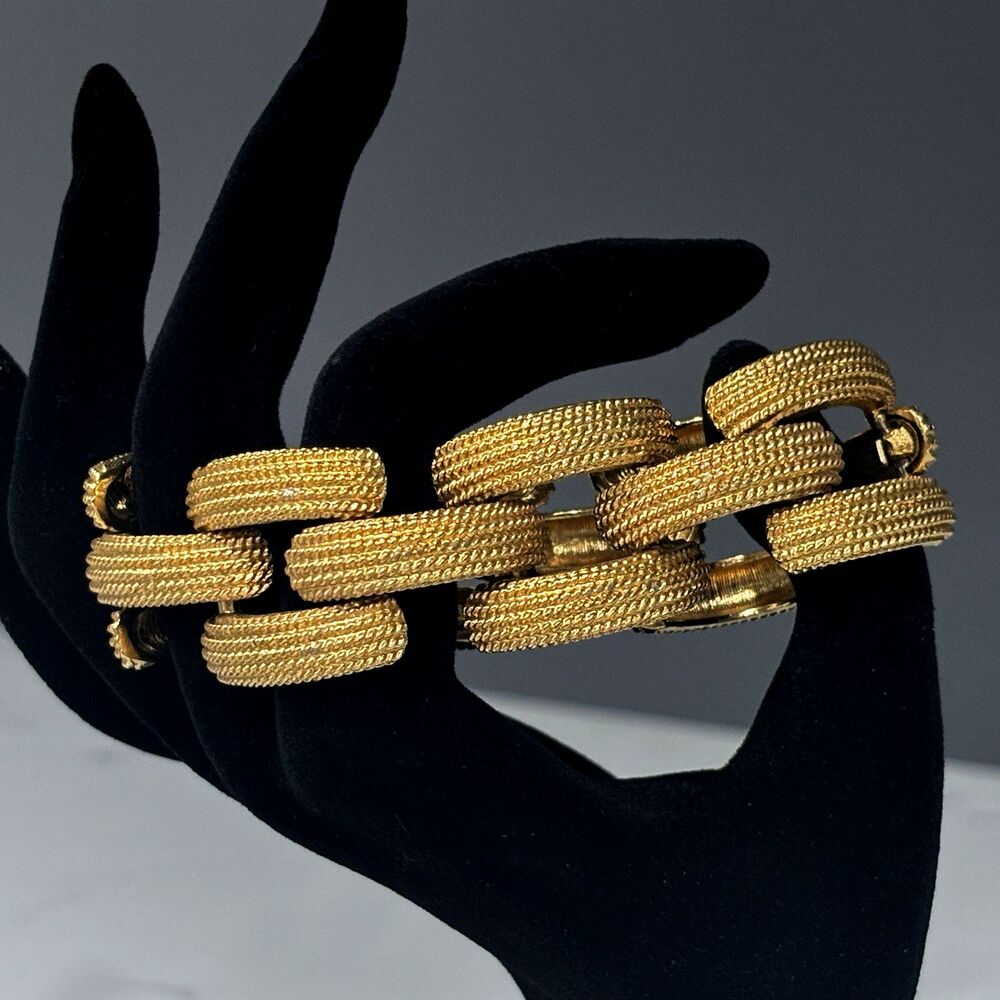 Vintage Monet Bracelet Gold Tone Chunky 1980s Textured Tank Link 7.25"